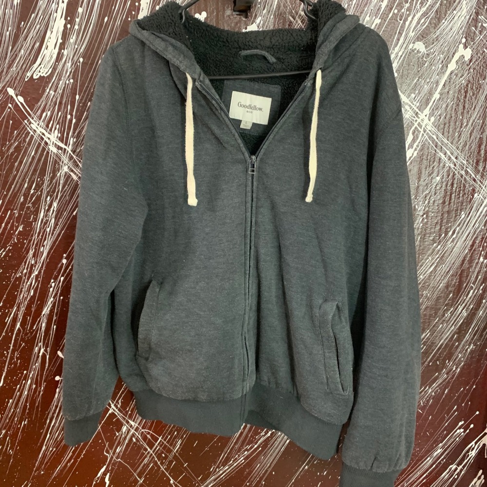 Goodfellow & Co Mens Sherpa Lined Full Zip Hoodie Charcoal Gray Large Jacket